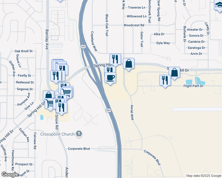 map of restaurants, bars, coffee shops, grocery stores, and more near 3101 Aerial Way in Brooksville