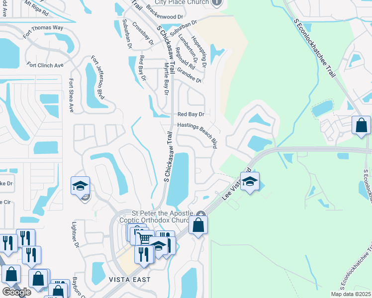 map of restaurants, bars, coffee shops, grocery stores, and more near 5849 Manchester Bridge Drive in Orlando