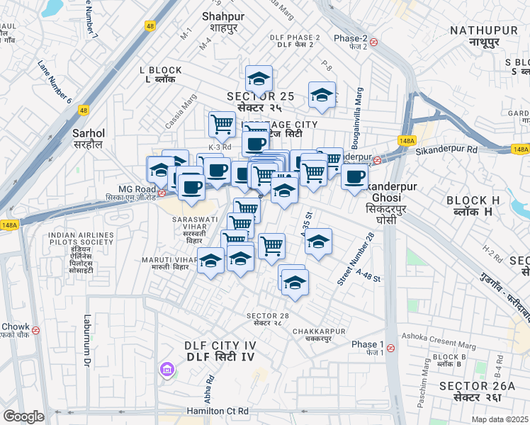 map of restaurants, bars, coffee shops, grocery stores, and more near Mehrauli-Gurgaon Road in Gurugram