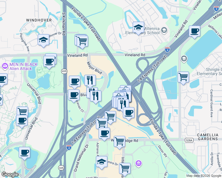 map of restaurants, bars, coffee shops, grocery stores, and more near 5715 Major Boulevard in Orlando