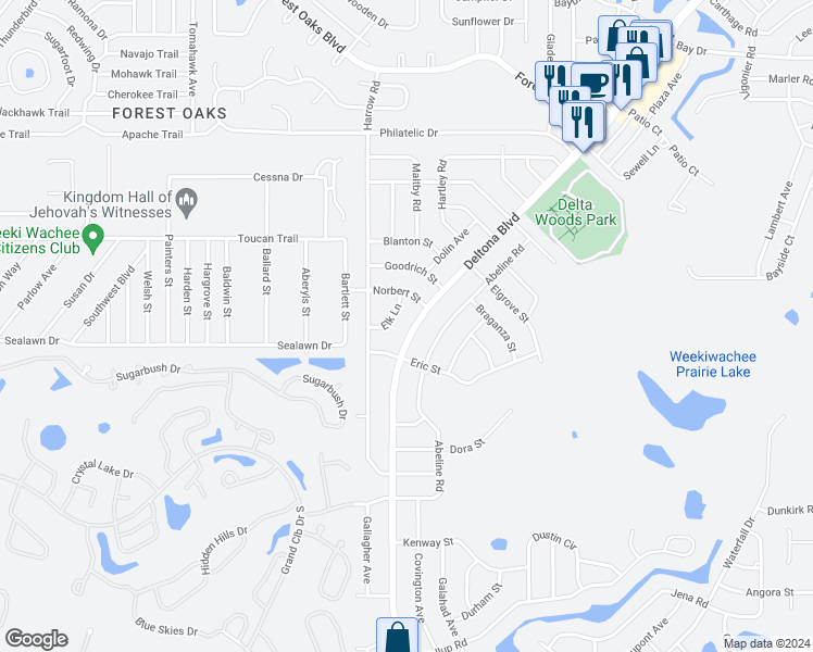 map of restaurants, bars, coffee shops, grocery stores, and more near 3191 Deltona Boulevard in Spring Hill