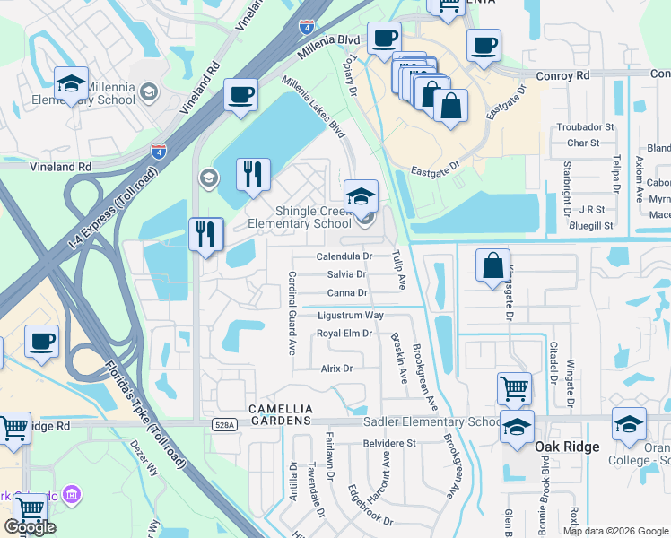 map of restaurants, bars, coffee shops, grocery stores, and more near 4542 Calendula Drive in Orlando