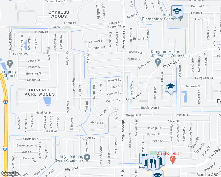 map of restaurants, bars, coffee shops, grocery stores, and more near 5065 Jean Street in Cocoa