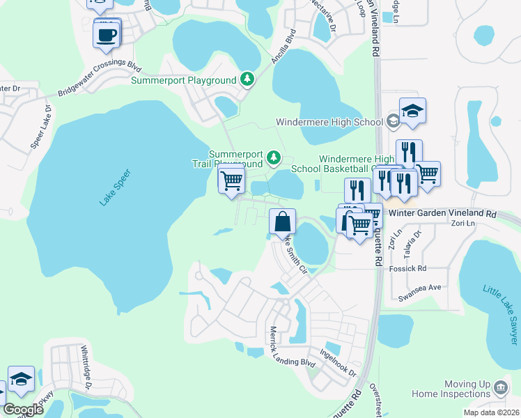 map of restaurants, bars, coffee shops, grocery stores, and more near 5800 Nature View Drive in Windermere