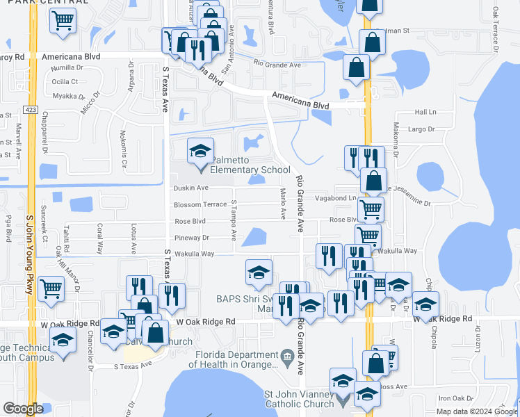 map of restaurants, bars, coffee shops, grocery stores, and more near 1826 Blossom Terrace in Orlando