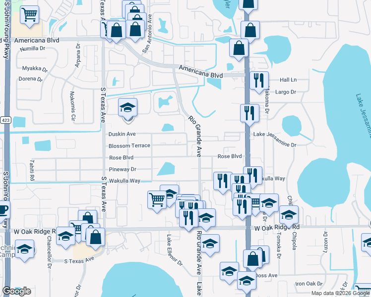 map of restaurants, bars, coffee shops, grocery stores, and more near 1803 Blossom Terrace in Orlando