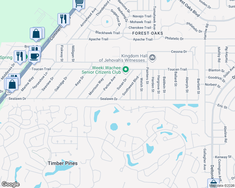 map of restaurants, bars, coffee shops, grocery stores, and more near 3279 Susan Drive in Spring Hill
