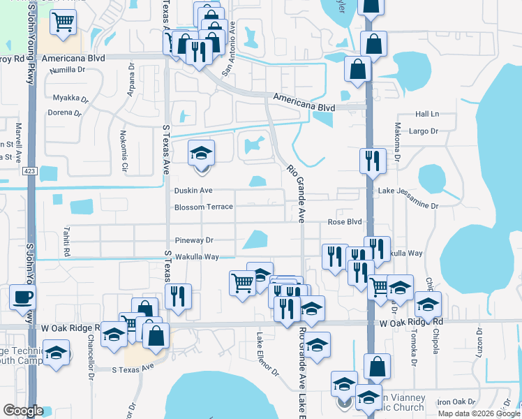 map of restaurants, bars, coffee shops, grocery stores, and more near 1835 Blossom Terrace in Orlando