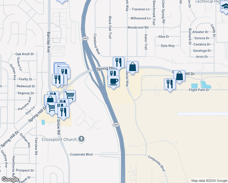 map of restaurants, bars, coffee shops, grocery stores, and more near 3101 Aerial Way in Brooksville