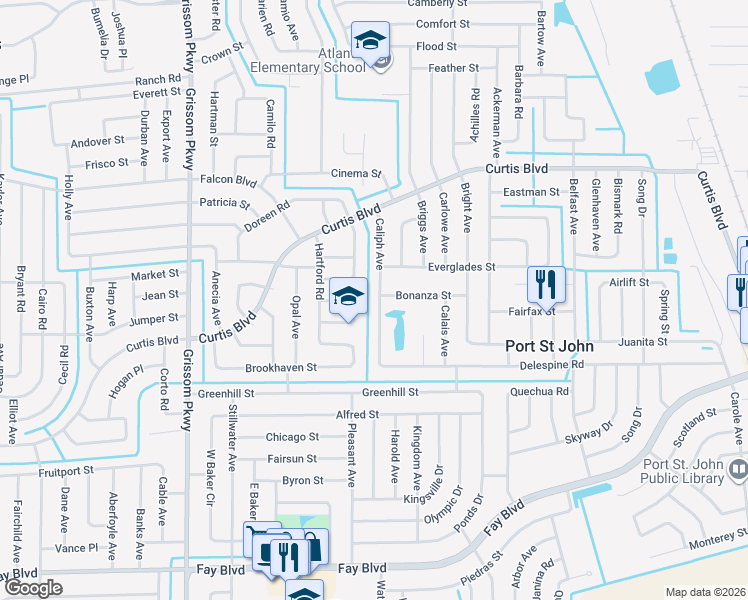 map of restaurants, bars, coffee shops, grocery stores, and more near 6820 Caliph Avenue in Cocoa