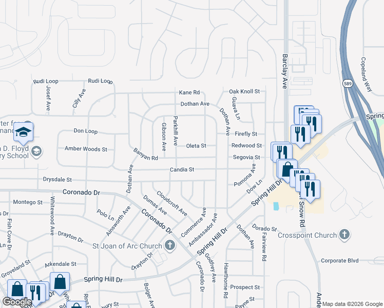 map of restaurants, bars, coffee shops, grocery stores, and more near 14018 Oleta Street in Spring Hill
