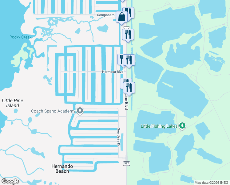 map of restaurants, bars, coffee shops, grocery stores, and more near 3232 Rose Arbor Drive in Hernando Beach