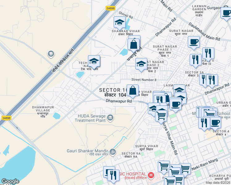 map of restaurants, bars, coffee shops, grocery stores, and more near in Gurugram