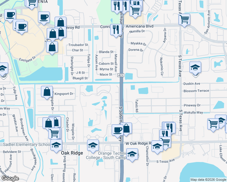 map of restaurants, bars, coffee shops, grocery stores, and more near 3915 Titelist Court in Orlando