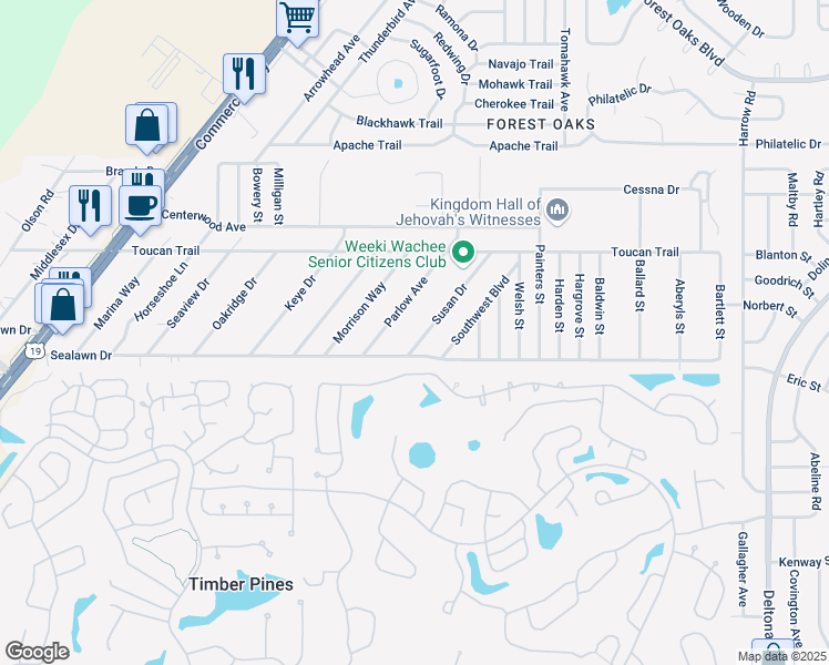map of restaurants, bars, coffee shops, grocery stores, and more near 3279 Susan Drive in Spring Hill