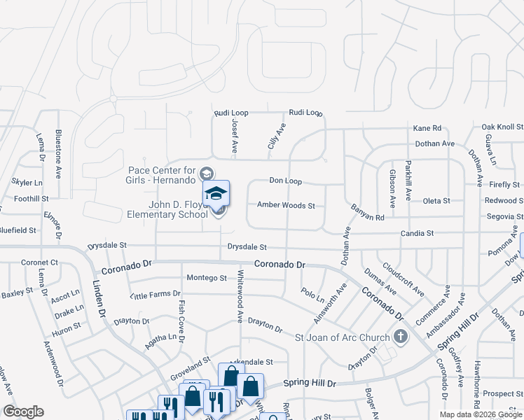map of restaurants, bars, coffee shops, grocery stores, and more near 13182 Amber Woods Street in Spring Hill