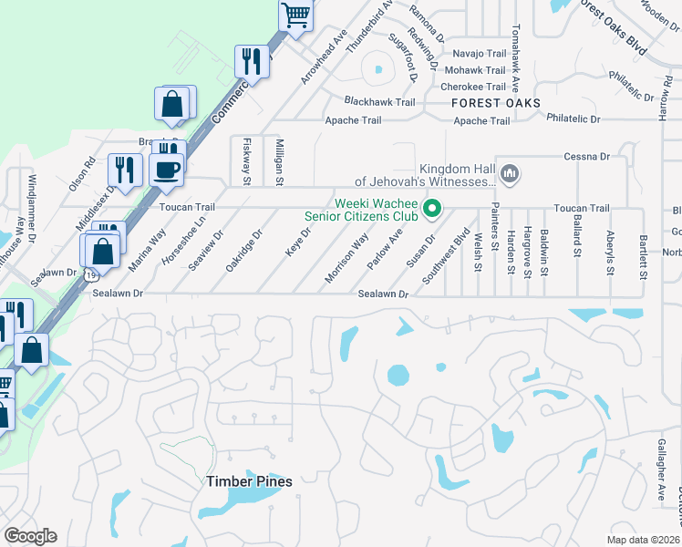 map of restaurants, bars, coffee shops, grocery stores, and more near 3260 Morrison Way in Spring Hill