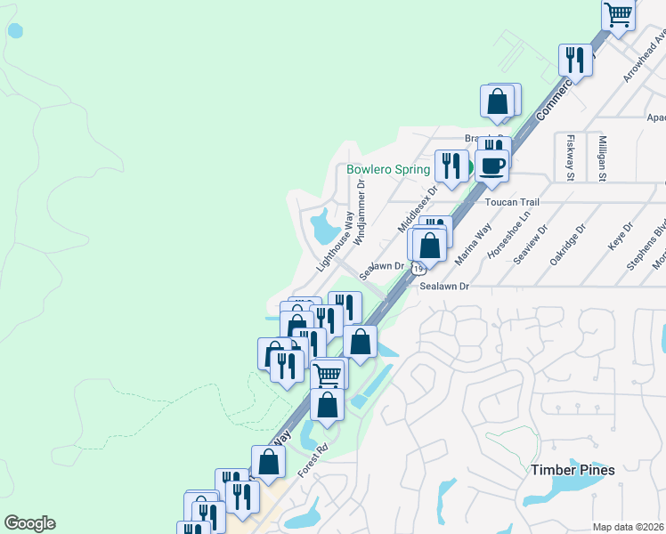 map of restaurants, bars, coffee shops, grocery stores, and more near 3222 Windjammer Drive in Spring Hill