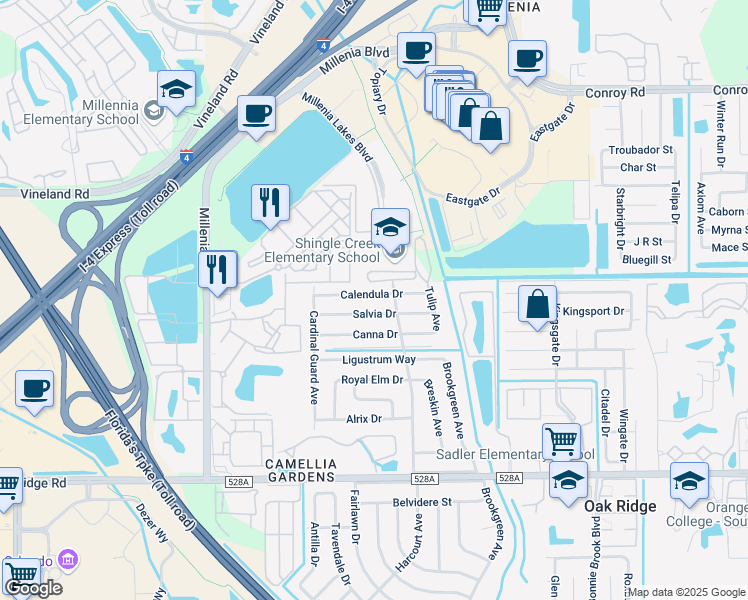 map of restaurants, bars, coffee shops, grocery stores, and more near 4542 Calendula Dr in Orlando
