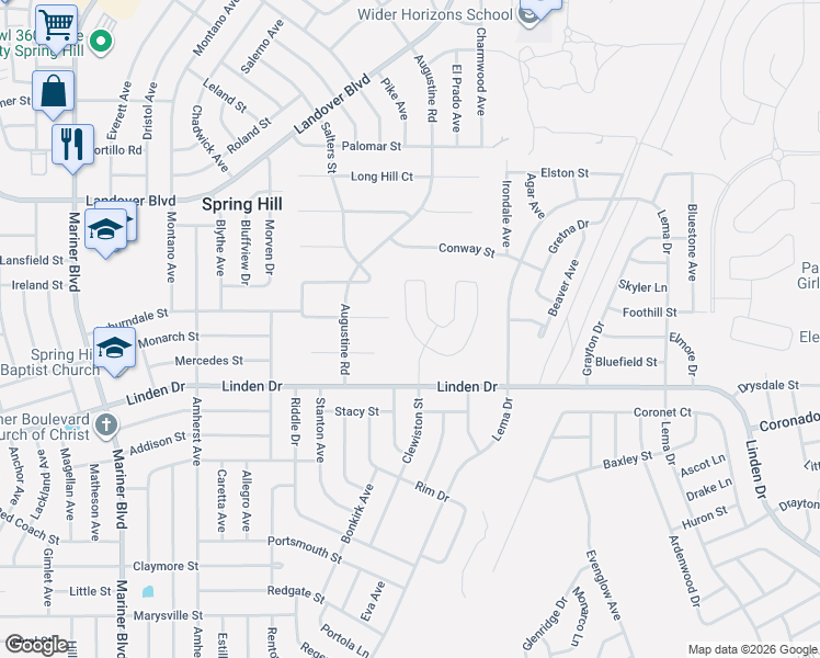 map of restaurants, bars, coffee shops, grocery stores, and more near 11352 Rainbow Woods Loop in Spring Hill