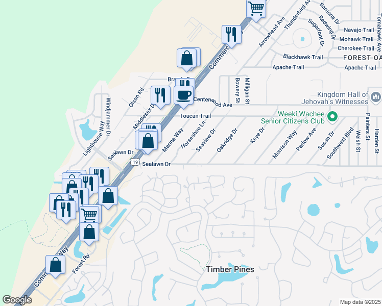 map of restaurants, bars, coffee shops, grocery stores, and more near 3289 Seaview Drive in Spring Hill