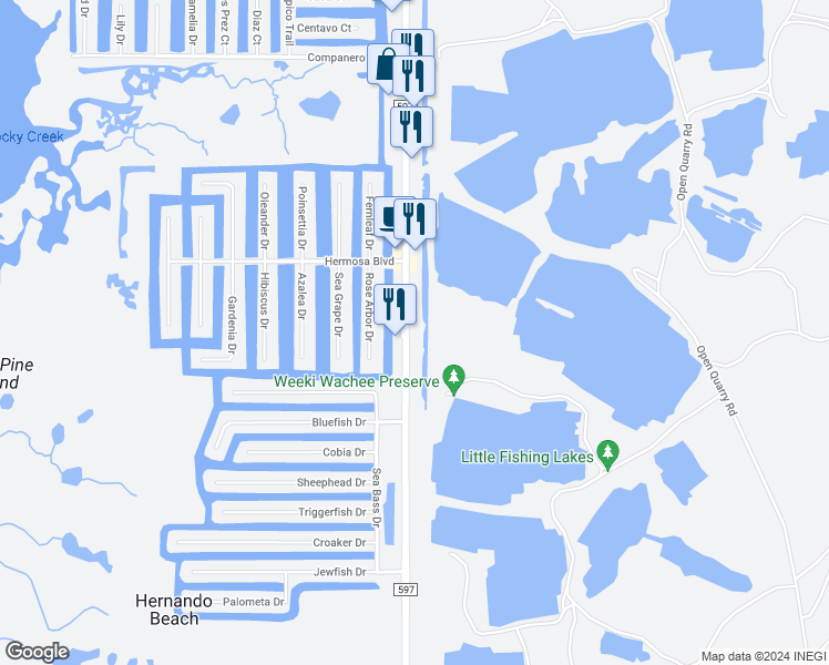 map of restaurants, bars, coffee shops, grocery stores, and more near 3222 Shoal Line Boulevard in Hernando Beach