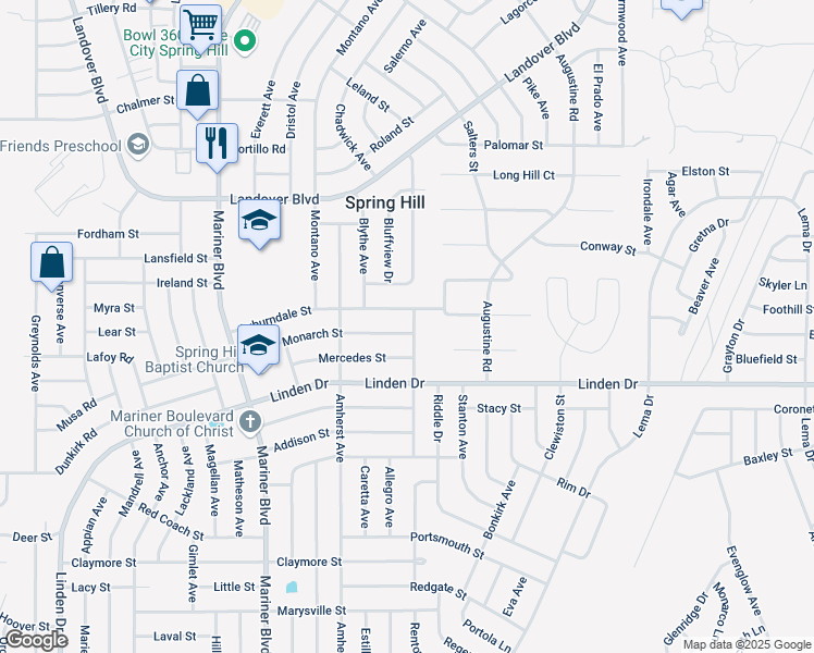 map of restaurants, bars, coffee shops, grocery stores, and more near 11241 Monarch Street in Spring Hill