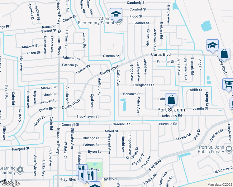 map of restaurants, bars, coffee shops, grocery stores, and more near 6830 Caliph Avenue in Cocoa
