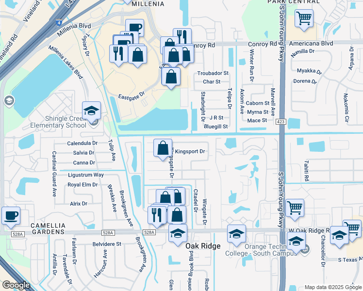 map of restaurants, bars, coffee shops, grocery stores, and more near 4006 Queen Anne Drive in Orlando
