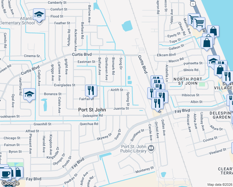 map of restaurants, bars, coffee shops, grocery stores, and more near 6835 Sandhill Drive in Cocoa