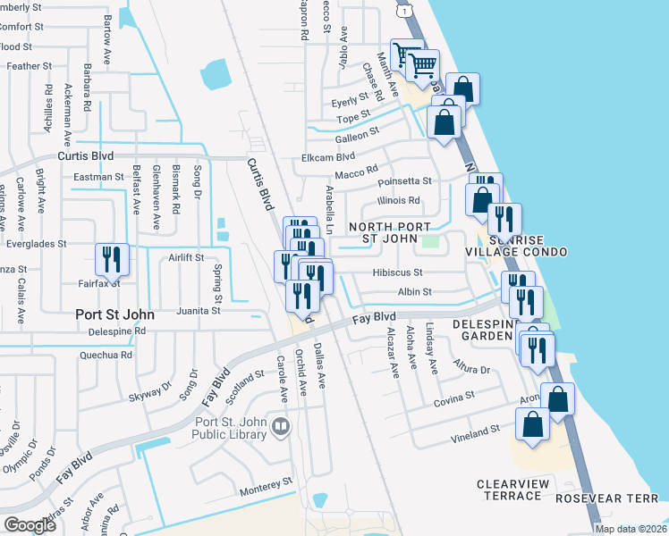map of restaurants, bars, coffee shops, grocery stores, and more near 970 Hibiscus Street in Cocoa