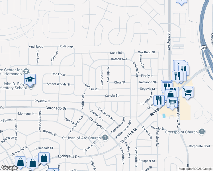 map of restaurants, bars, coffee shops, grocery stores, and more near 3173 Parkhill Avenue in Spring Hill