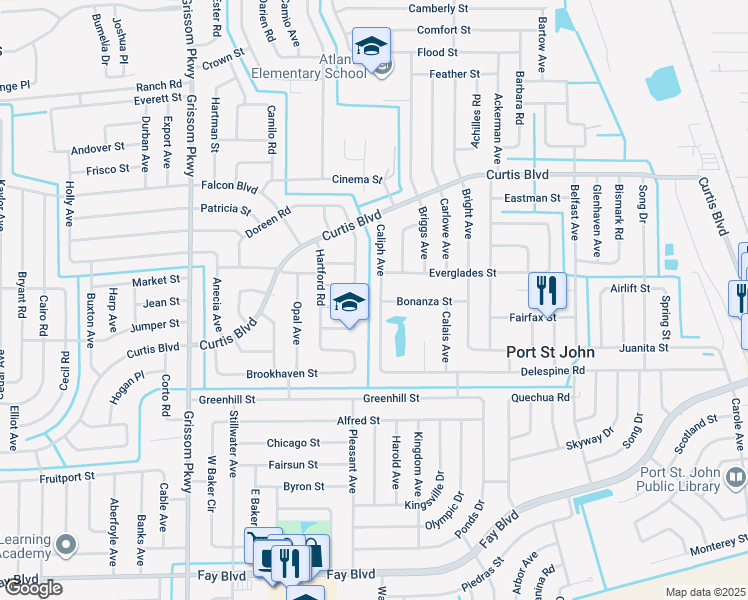 map of restaurants, bars, coffee shops, grocery stores, and more near 6830 Caliph Avenue in Cocoa