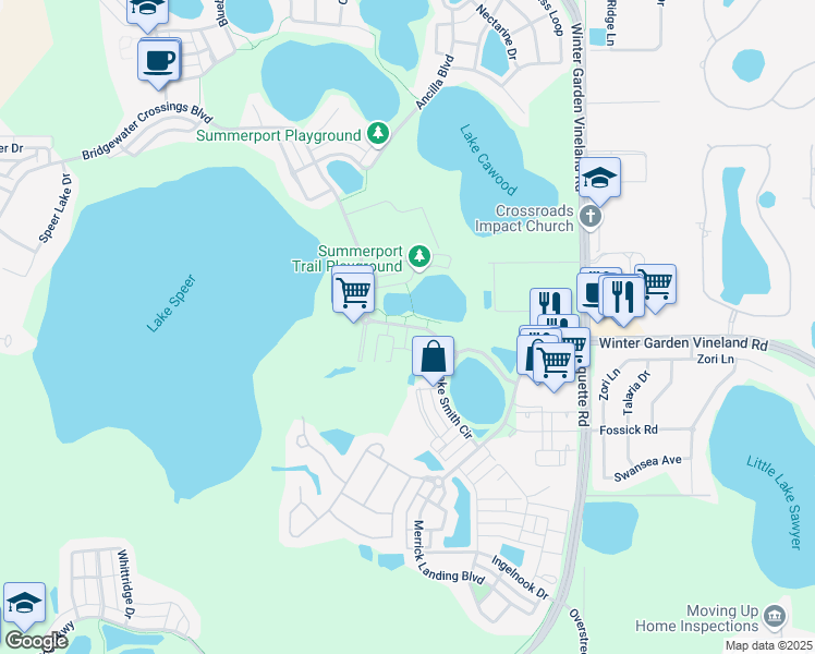 map of restaurants, bars, coffee shops, grocery stores, and more near Falcon Centre Avenue in Windermere