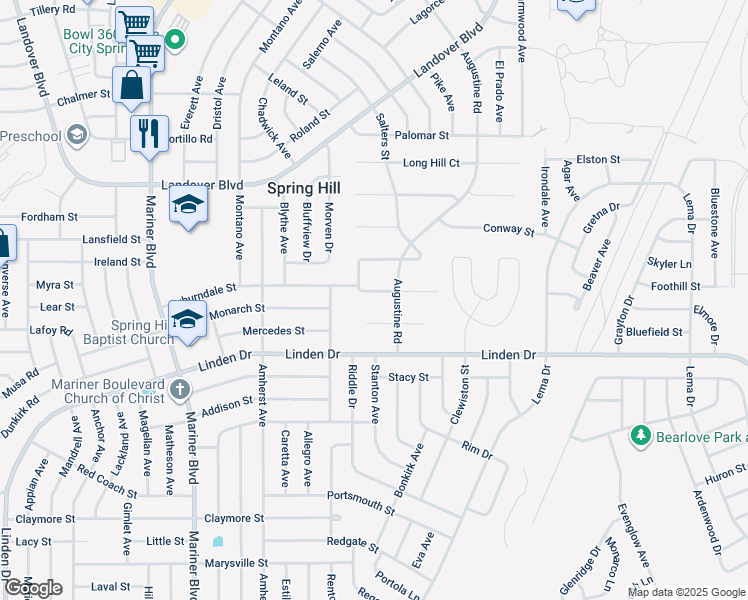 map of restaurants, bars, coffee shops, grocery stores, and more near 11296 Rainbow Woods Loop in Spring Hill