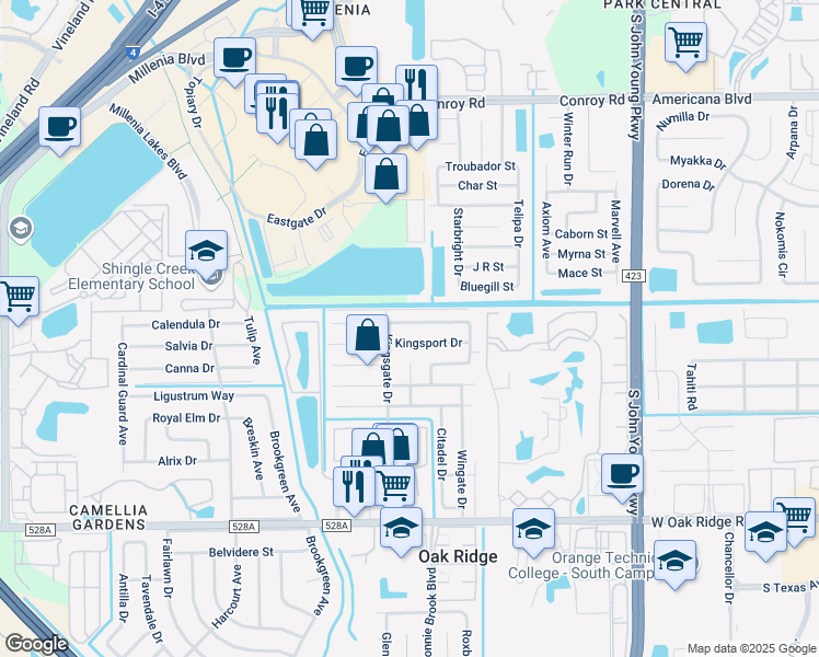 map of restaurants, bars, coffee shops, grocery stores, and more near 4006 Queen Anne Drive in Orlando