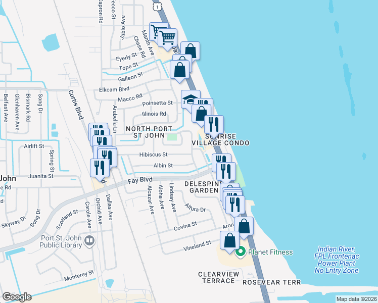 map of restaurants, bars, coffee shops, grocery stores, and more near 470 Espanol Avenue in Cocoa