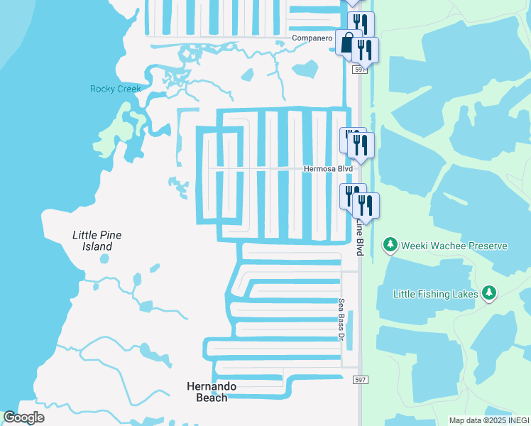 map of restaurants, bars, coffee shops, grocery stores, and more near 3215 Hibiscus Drive in Hernando Beach
