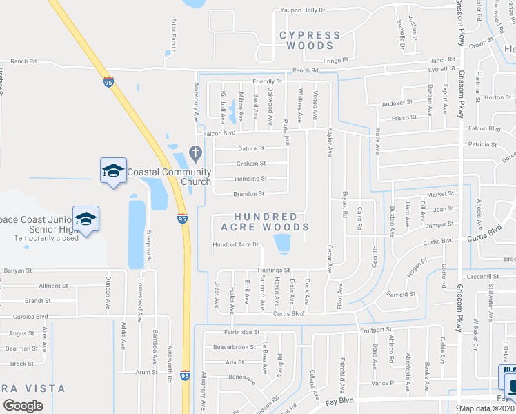 map of restaurants, bars, coffee shops, grocery stores, and more near 6930 Hundred Acre Drive in Cocoa