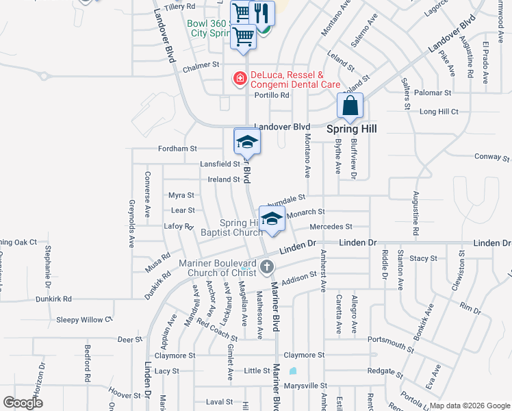 map of restaurants, bars, coffee shops, grocery stores, and more near 11025 Auburndale Street in Spring Hill