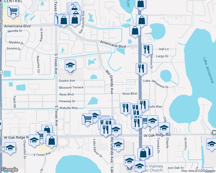 map of restaurants, bars, coffee shops, grocery stores, and more near 1803 Blossom Terrace in Orlando