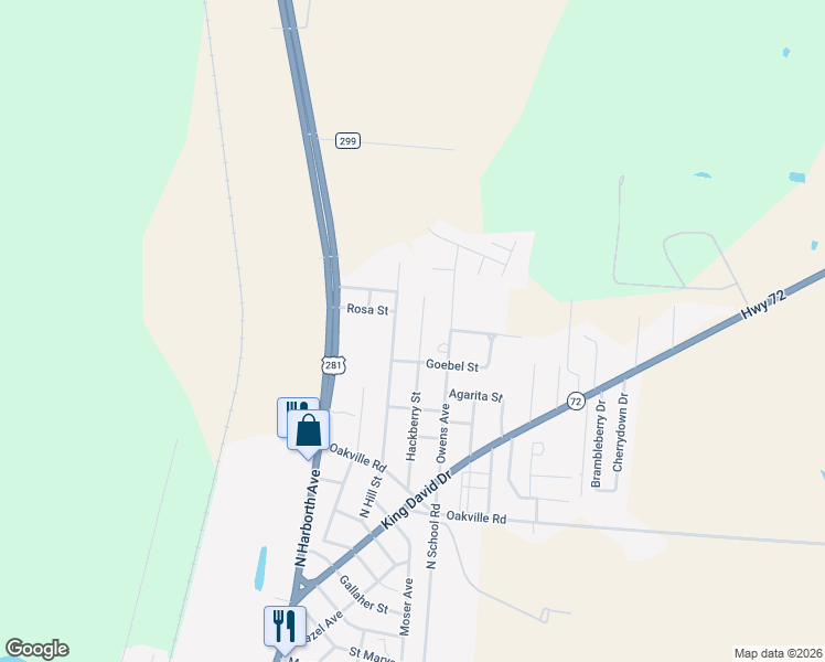 map of restaurants, bars, coffee shops, grocery stores, and more near 1811 Hackberry Street in Three Rivers