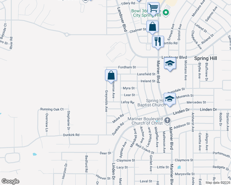 map of restaurants, bars, coffee shops, grocery stores, and more near 3188 Converse Avenue in Spring Hill