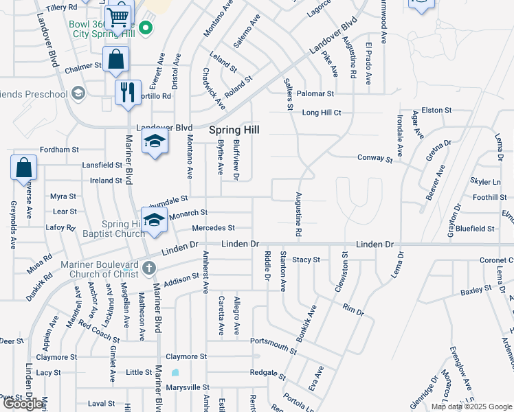 map of restaurants, bars, coffee shops, grocery stores, and more near 11241 Monarch Street in Spring Hill