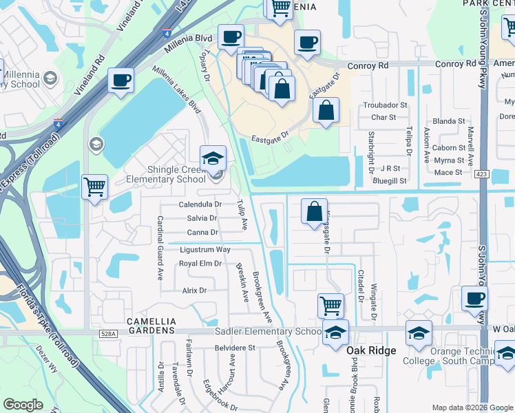 map of restaurants, bars, coffee shops, grocery stores, and more near 5667 Harbor Chase Circle in Orlando