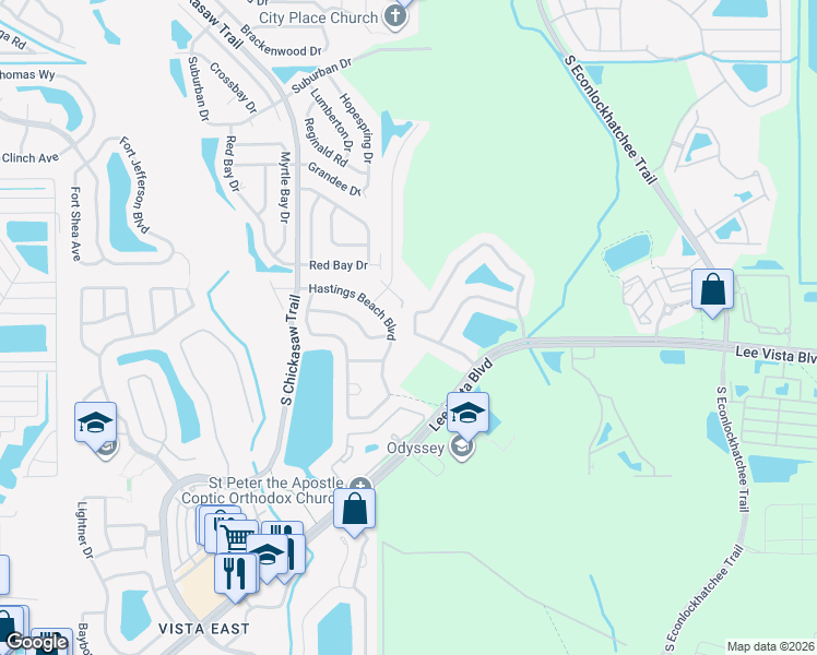 map of restaurants, bars, coffee shops, grocery stores, and more near 9028 Lake Avon Drive in Orlando