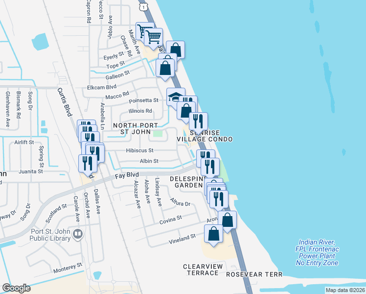 map of restaurants, bars, coffee shops, grocery stores, and more near 470 Espanol Avenue in Cocoa