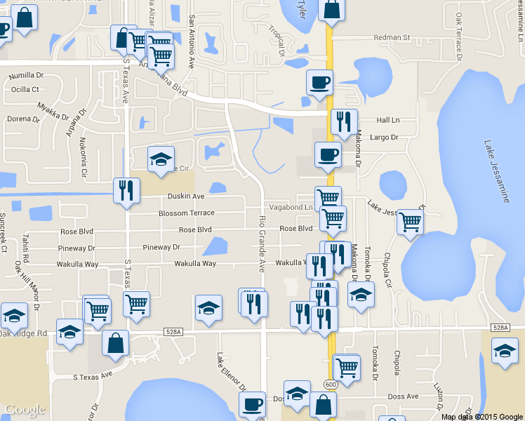 map of restaurants, bars, coffee shops, grocery stores, and more near 1612 Vagabond Lane in Orlando