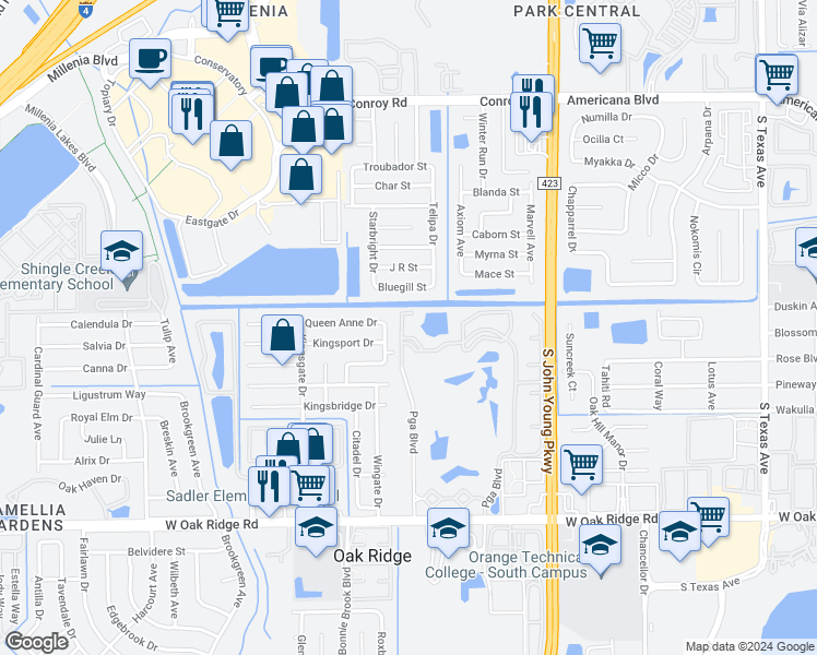 map of restaurants, bars, coffee shops, grocery stores, and more near 5513 Pga Boulevard in Orlando