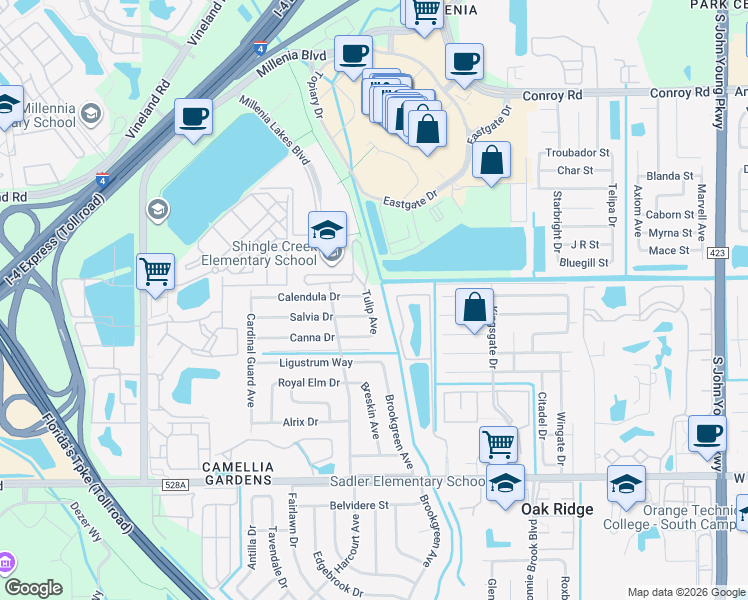 map of restaurants, bars, coffee shops, grocery stores, and more near 5667 Harbor Chase Circle in Orlando